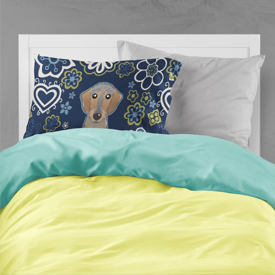 Blue Flowers Wirehaired Dachshund Standard Pillowcase Lightweight Super Soft Easy Care Decorative Artwork Pillowcase, Standard