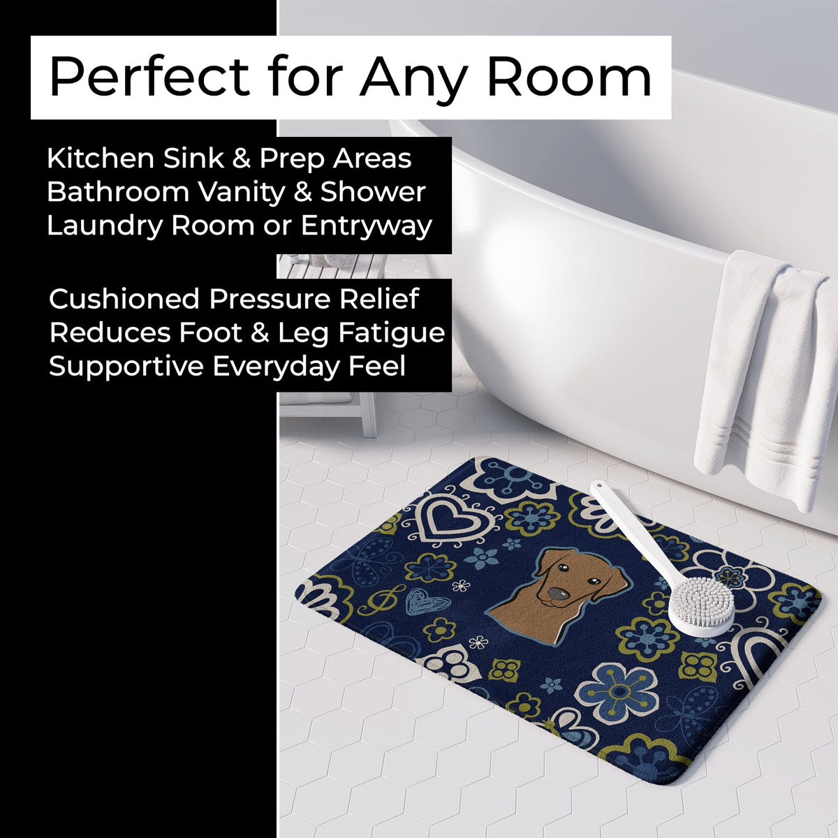 Blue Flowers Chocolate Labrador Memory Foam Kitchen Mat Machine Washable Anti-Fatigue Cushion Comfort Bath or Kitchen Rug