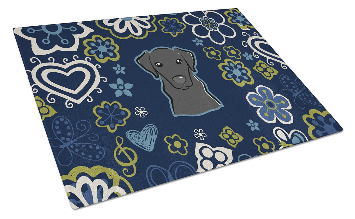 Blue Flowers Black Labrador Cutting Board Tempered Glass Kitchen Cutting Surface, Heat Resistant Chopping, Non-Slip Feet, Food Prep & Serving