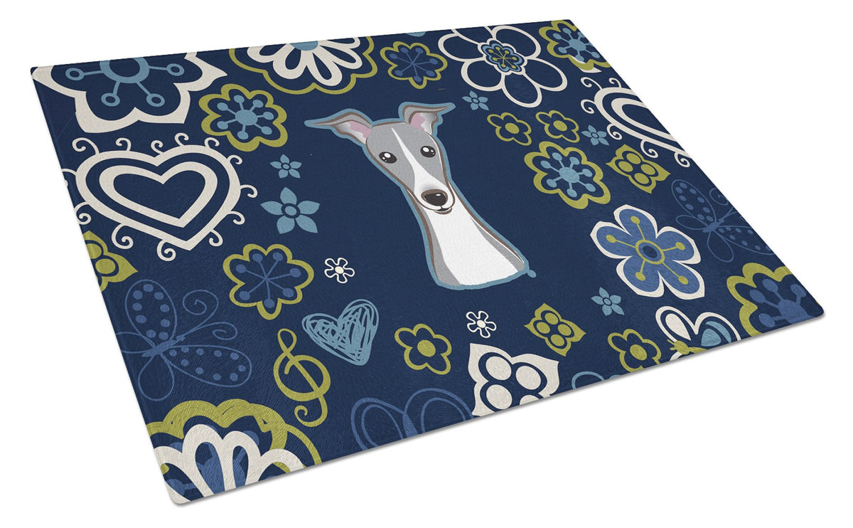 Blue Flowers Italian Greyhound Cutting Board Tempered Glass Kitchen Cutting Surface, Heat Resistant Chopping, Non-Slip Feet, Food Prep & Serving