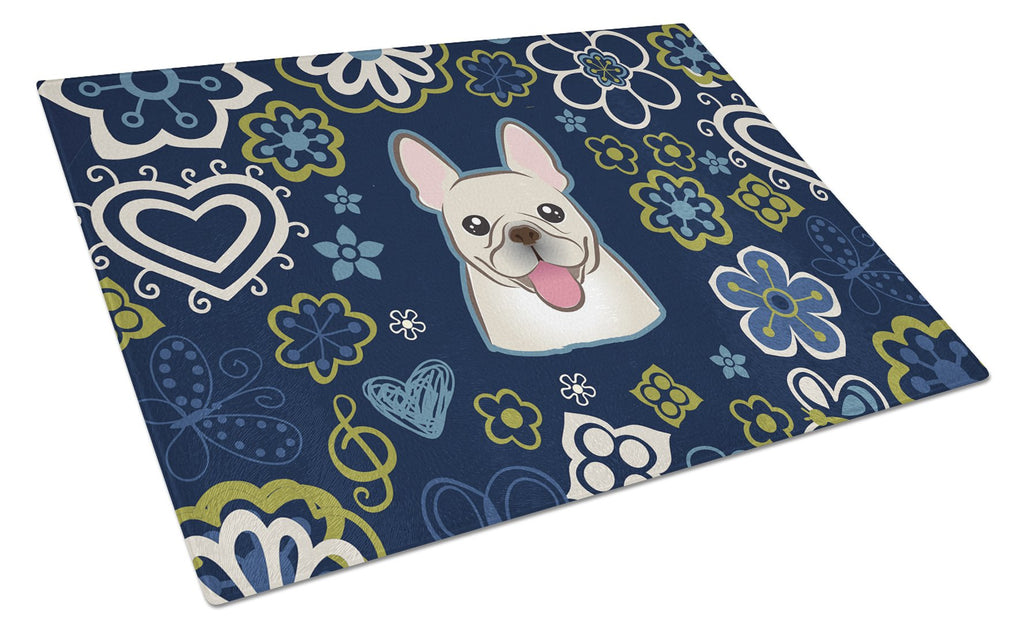 Blue Flowers French Bulldog Cutting Board Tempered Glass Kitchen Cutting Surface, Heat Resistant Chopping, Non-Slip Feet, Food Prep & Serving