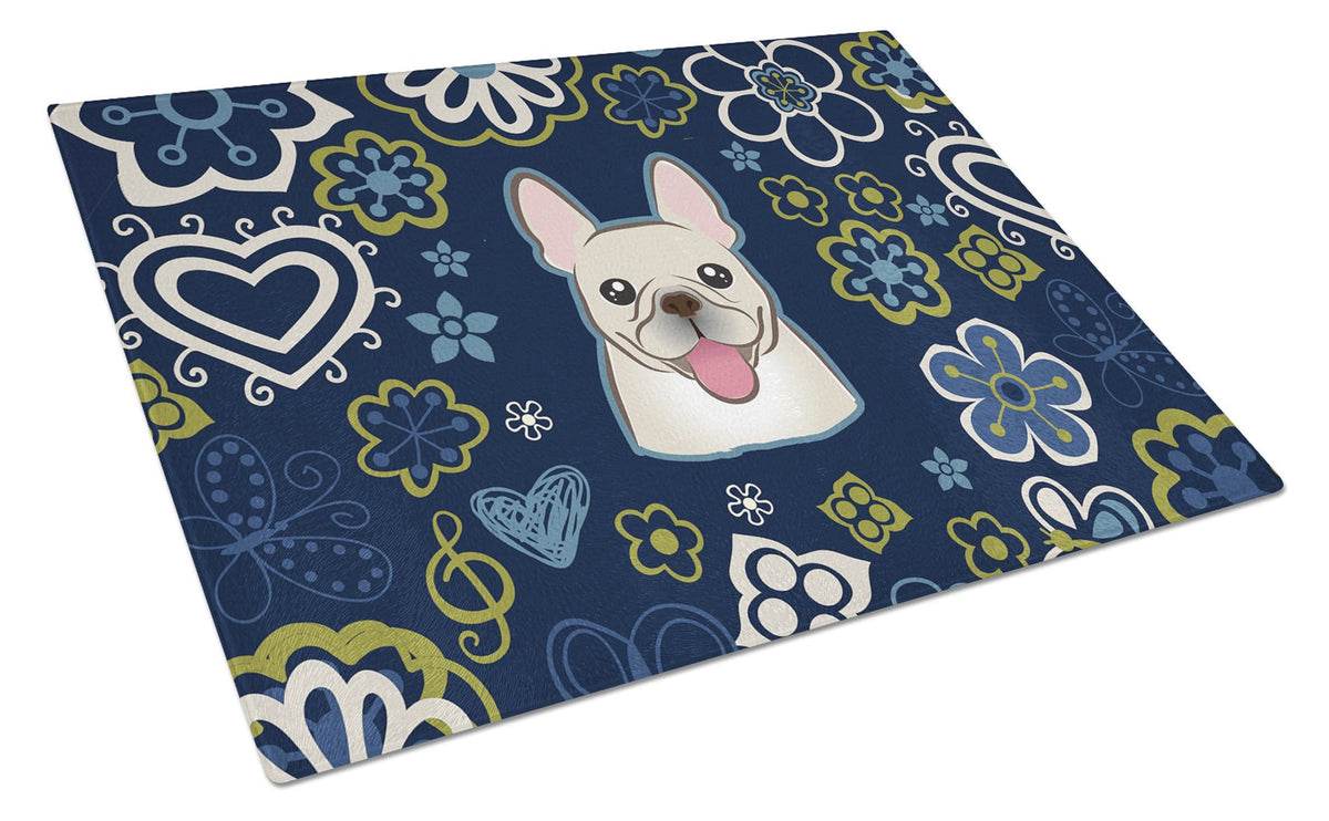 Blue Flowers French Bulldog Cutting Board Tempered Glass Kitchen Cutting Surface, Heat Resistant Chopping, Non-Slip Feet, Food Prep & Serving