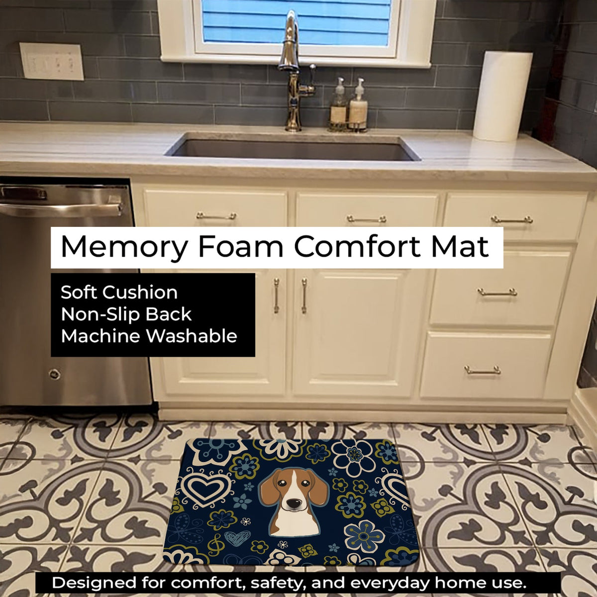 Blue Flowers Beagle Memory Foam Kitchen Mat Machine Washable Anti-Fatigue Cushion Comfort Bath or Kitchen Rug