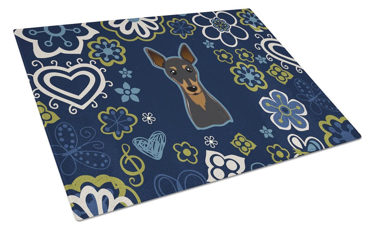 Blue Flowers Min Pin Cutting Board Tempered Glass Kitchen Cutting Surface, Heat Resistant Chopping, Non-Slip Feet, Food Prep & Serving