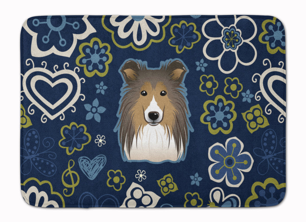 Blue Flowers Sheltie Memory Foam Kitchen Mat Machine Washable Anti-Fatigue Cushion Comfort Bath or Kitchen Rug