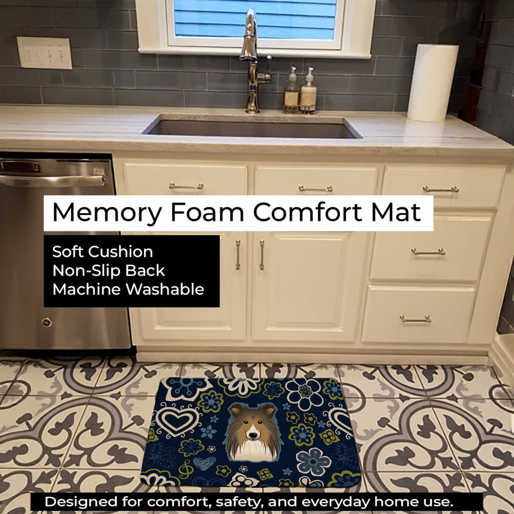 Blue Flowers Sheltie Memory Foam Kitchen Mat Machine Washable Anti-Fatigue Cushion Comfort Bath or Kitchen Rug