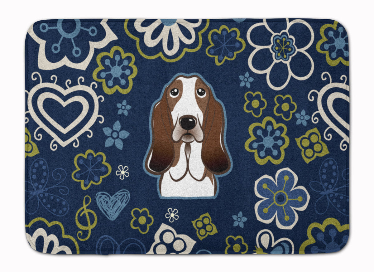 Blue Flowers Basset Hound Memory Foam Kitchen Mat Machine Washable Anti-Fatigue Cushion Comfort Bath or Kitchen Rug