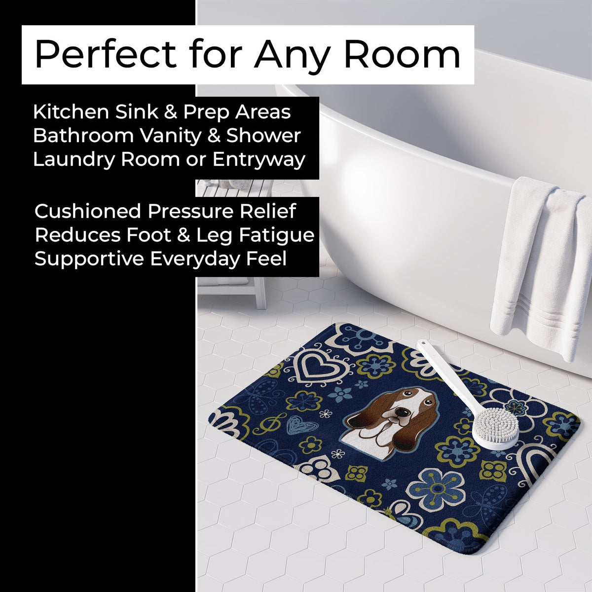 Blue Flowers Basset Hound Memory Foam Kitchen Mat Machine Washable Anti-Fatigue Cushion Comfort Bath or Kitchen Rug