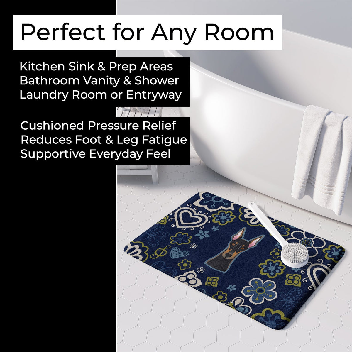 Blue Flowers Doberman Pinscher Memory Foam Kitchen Mat Machine Washable Anti-Fatigue Cushion Comfort Bath or Kitchen Rug