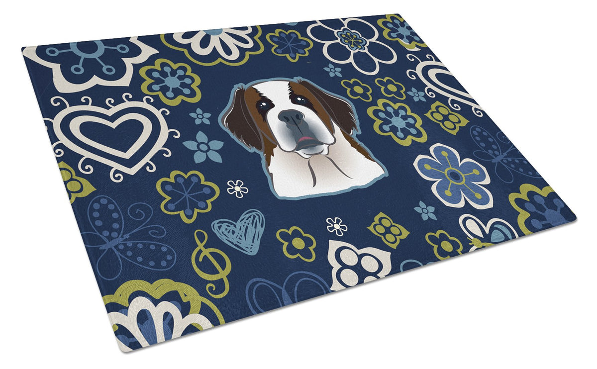 Blue Flowers Saint Bernard Cutting Board Tempered Glass Kitchen Cutting Surface, Heat Resistant Chopping, Non-Slip Feet, Food Prep & Serving
