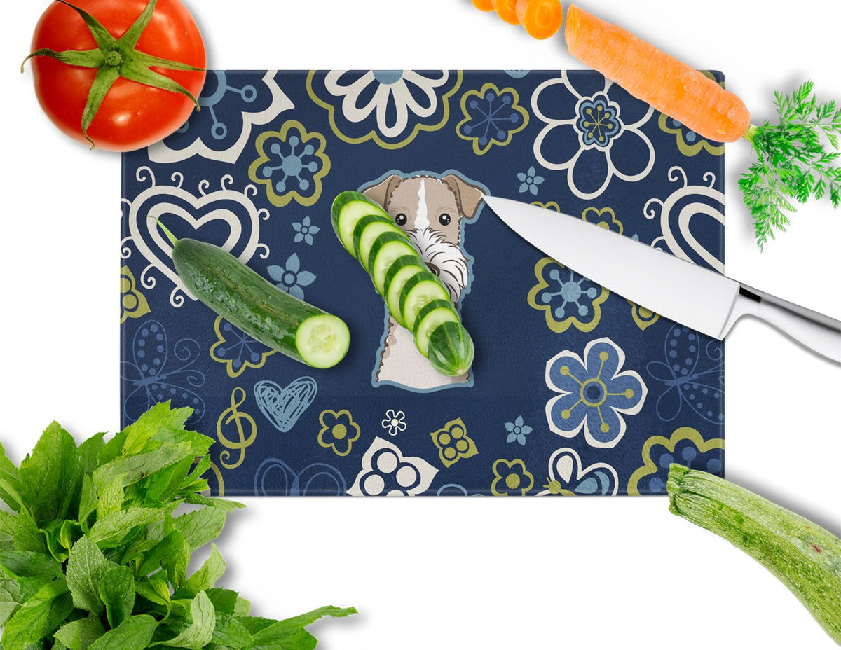 Blue Flowers Wire Haired Fox Terrier Cutting Board Tempered Glass Kitchen Cutting Surface, Heat Resistant Chopping, Non-Slip Feet, Food Prep & Serving