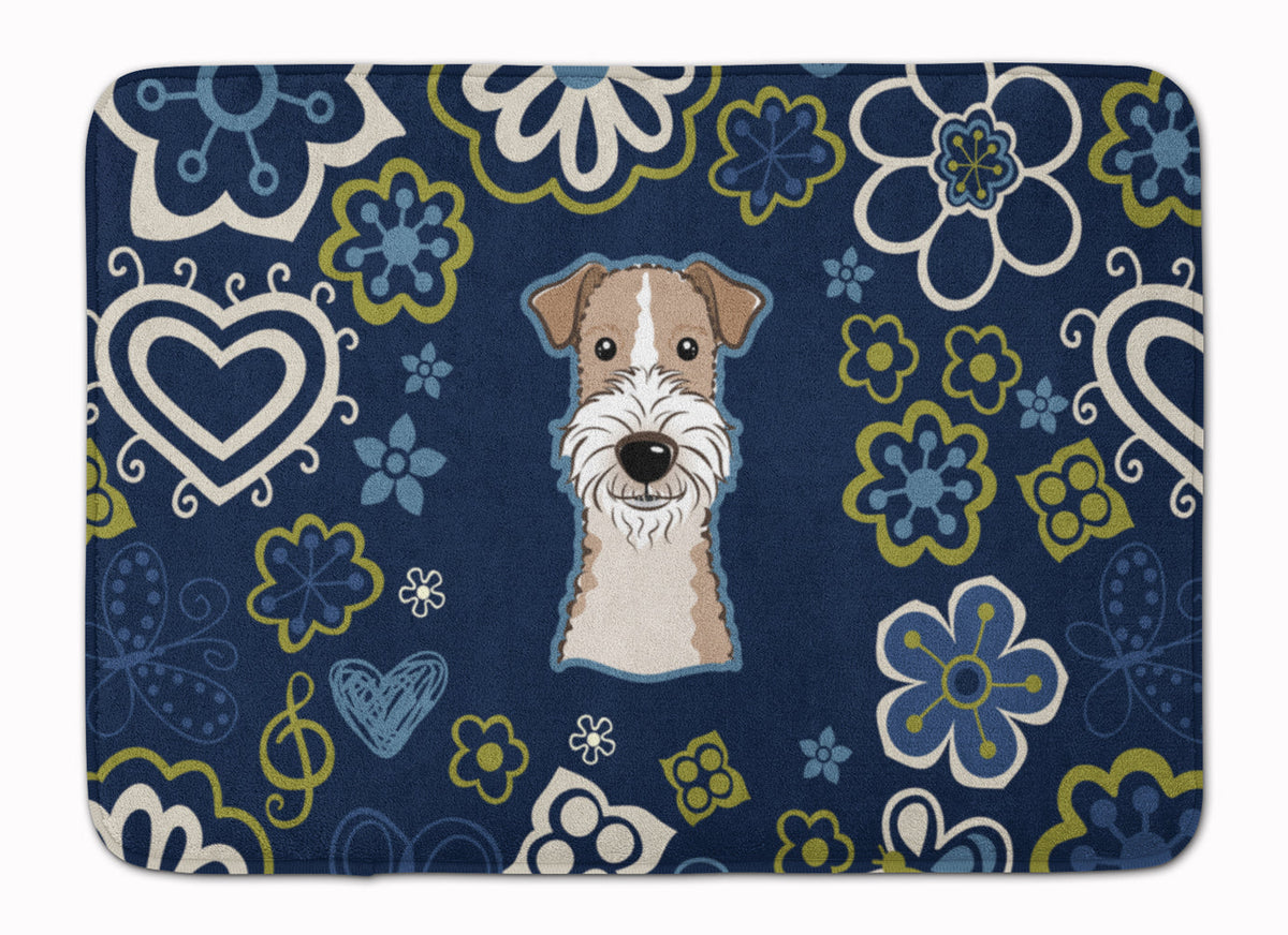Blue Flowers Wire Haired Fox Terrier Memory Foam Kitchen Mat Machine Washable Anti-Fatigue Cushion Comfort Bath or Kitchen Rug