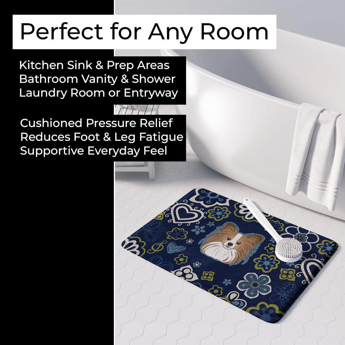 Blue Flowers Papillon Memory Foam Kitchen Mat Machine Washable Anti-Fatigue Cushion Comfort Bath or Kitchen Rug