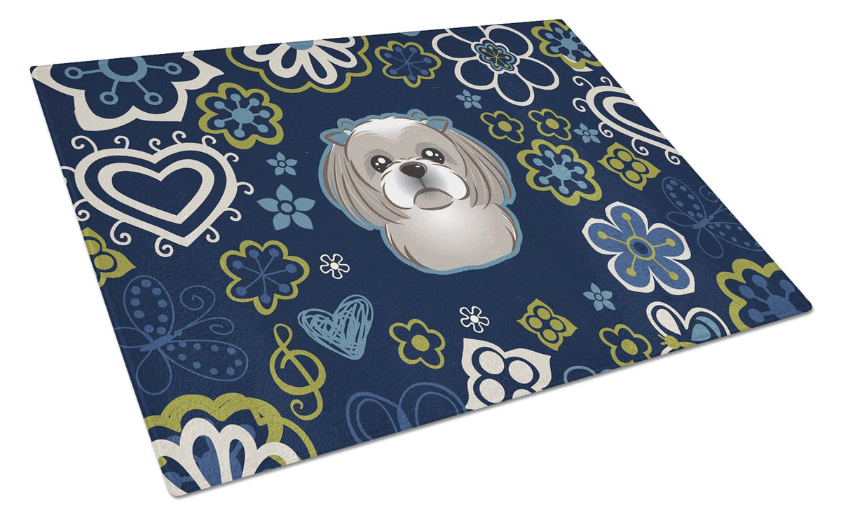 Blue Flowers Gray Silver Shih Tzu Cutting Board Tempered Glass Kitchen Cutting Surface, Heat Resistant Chopping, Non-Slip Feet, Food Prep & Serving