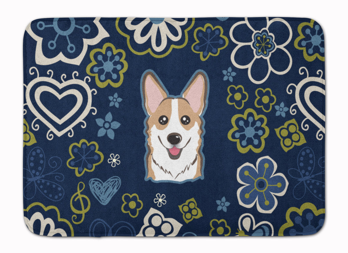 Blue Flowers Sable Corgi Memory Foam Kitchen Mat Machine Washable Anti-Fatigue Cushion Comfort Bath or Kitchen Rug
