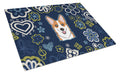 Blue Flowers Red Corgi Cutting Board Tempered Glass Kitchen Cutting Surface, Heat Resistant Chopping, Non-Slip Feet, Food Prep & Serving