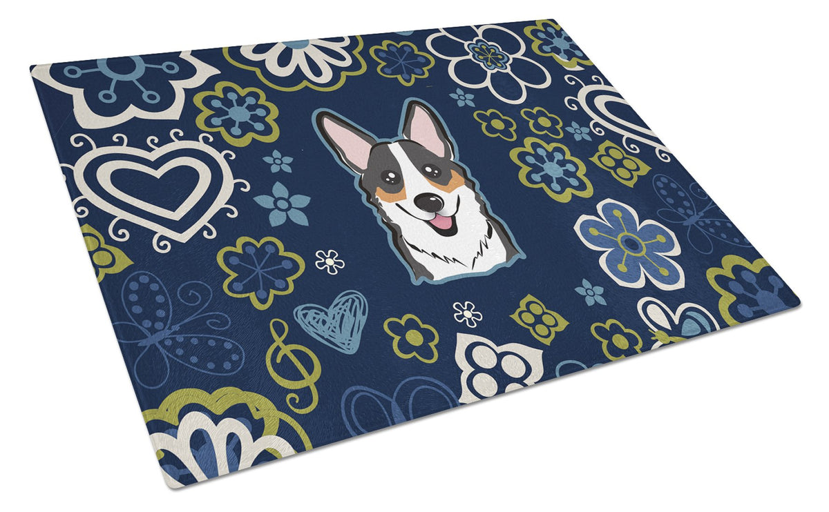 Blue Flowers Tricolor Corgi Cutting Board Tempered Glass Kitchen Cutting Surface, Heat Resistant Chopping, Non-Slip Feet, Food Prep & Serving