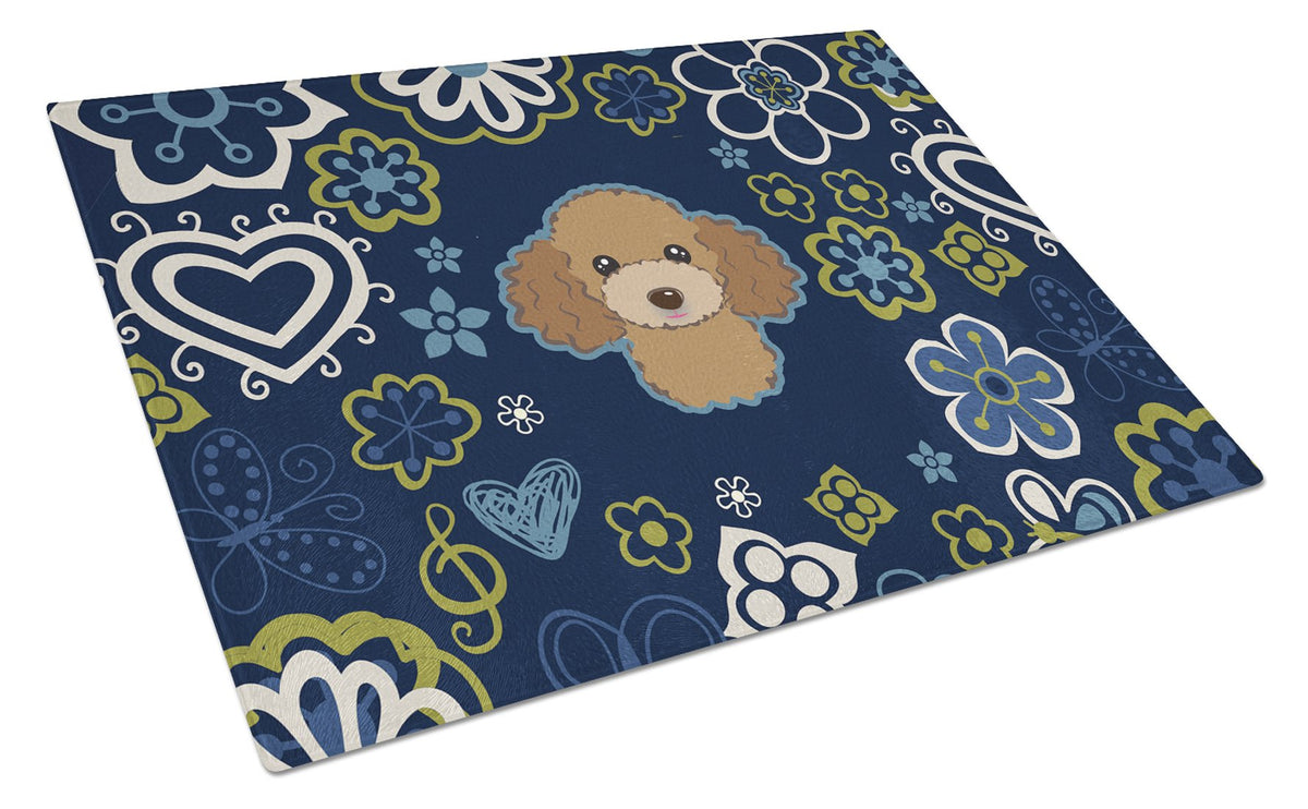 Blue Flowers Chocolate Brown Poodle Cutting Board Tempered Glass Kitchen Cutting Surface, Heat Resistant Chopping, Non-Slip Feet, Food Prep & Serving