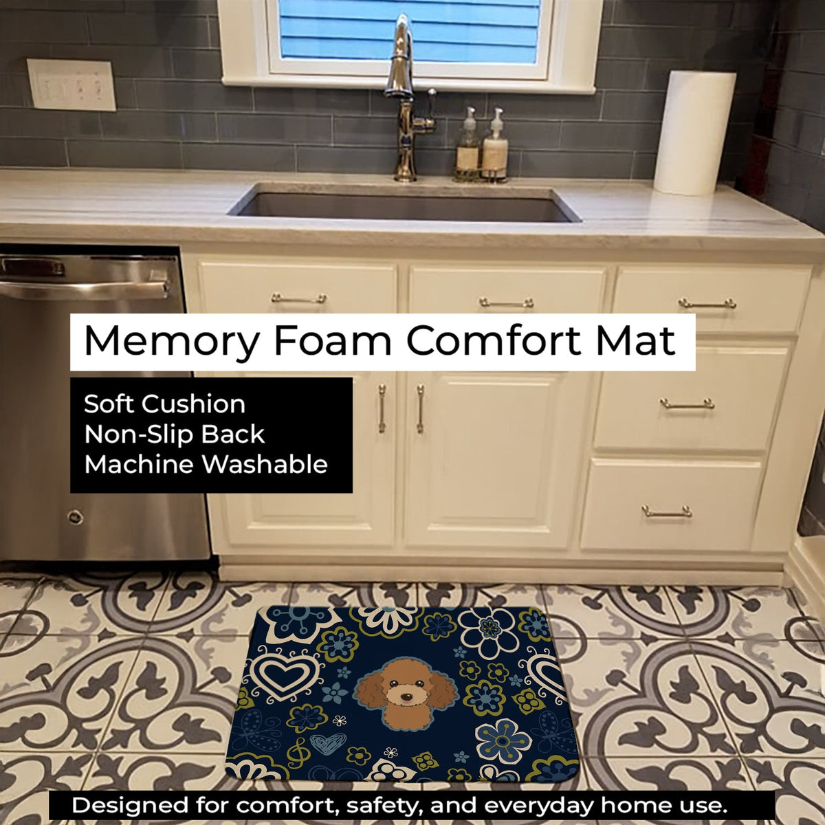 Blue Flowers Chocolate Brown Poodle Memory Foam Kitchen Mat Machine Washable Anti-Fatigue Cushion Comfort Bath or Kitchen Rug