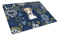 Blue Flowers Jack Russell Terrier Cutting Board Tempered Glass Kitchen Cutting Surface, Heat Resistant Chopping, Non-Slip Feet, Food Prep & Serving