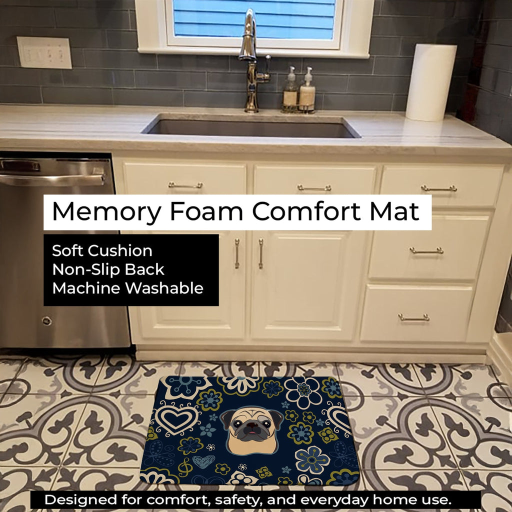 Blue Flowers Fawn Pug Memory Foam Kitchen Mat Machine Washable Anti-Fatigue Cushion Comfort Bath or Kitchen Rug