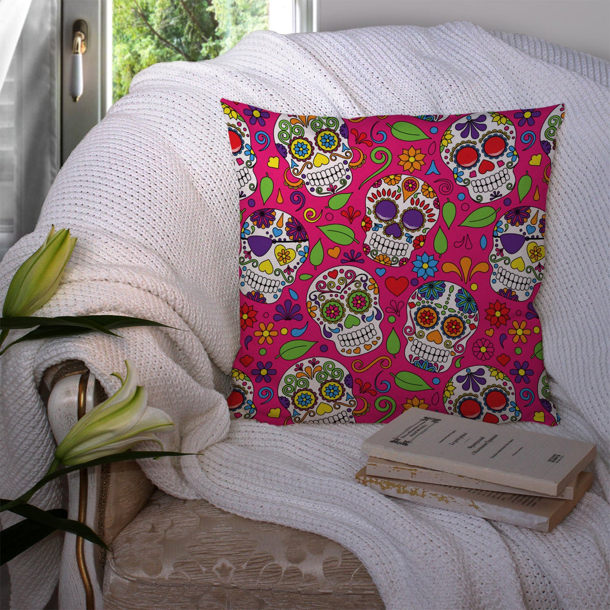 Day of the Dead Pink Decorative Throw Pillow 14x14 Indoor Outdoor Accent Cushion, Fabric Cover with Insert for Sofa, Bed, Porch & Living Room