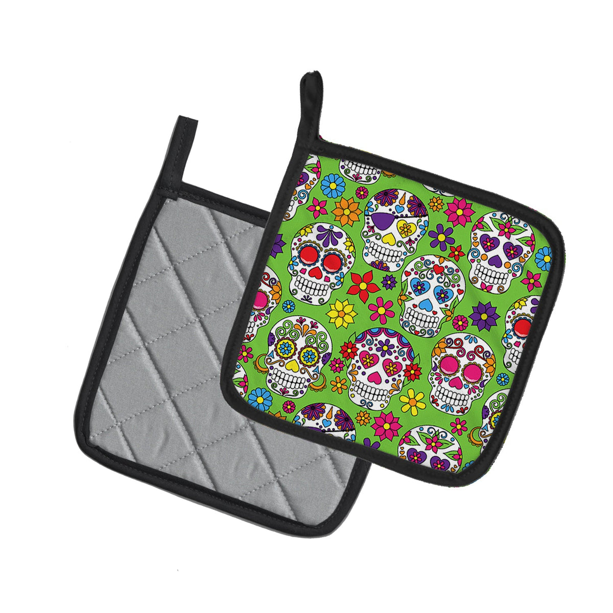 Day of the Dead Green Pot Holder Set of 2 Heat Resistant Quilted Hot Pads 7.5 x 7.5 Inch, Insulated Kitchen Trivets for Cooking & Baking