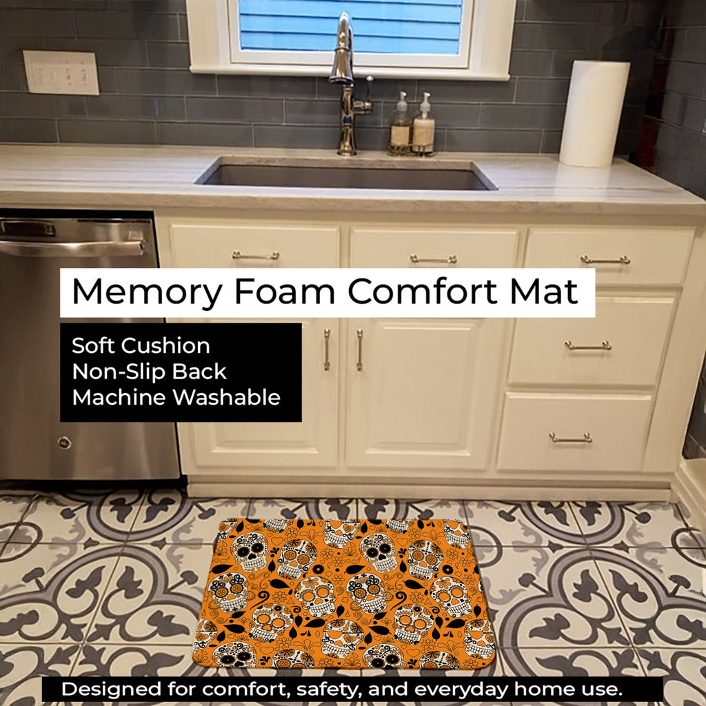 Day of the Dead Orange Memory Foam Kitchen Mat Machine Washable Anti-Fatigue Cushion Comfort Bath or Kitchen Rug