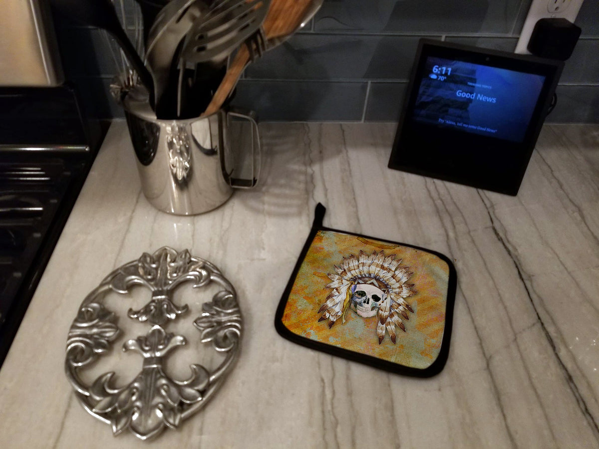 Day of the Dead Indian Skull Pot Holder Set of 2 Heat Resistant Quilted Hot Pads 7.5 x 7.5 Inch, Insulated Kitchen Trivets for Cooking & Baking