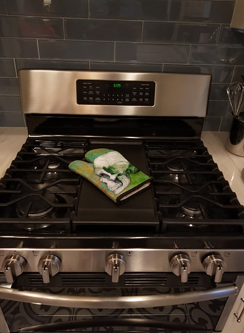 Day of the Dead Green Skull Oven Mitt Heat Resistant Thick Oven Mitt for Hot Pans and Oven, Kitchen Mitt Protect Hands, Cooking Baking Glove