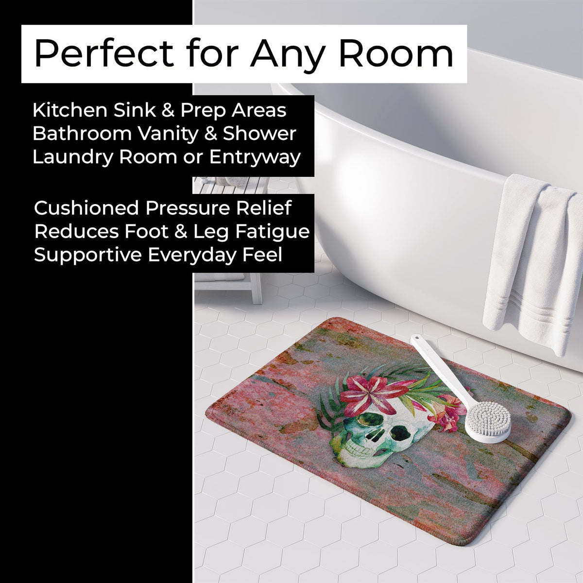 Day of the Dead Skull Flowers Memory Foam Kitchen Mat Machine Washable Anti-Fatigue Cushion Comfort Bath or Kitchen Rug
