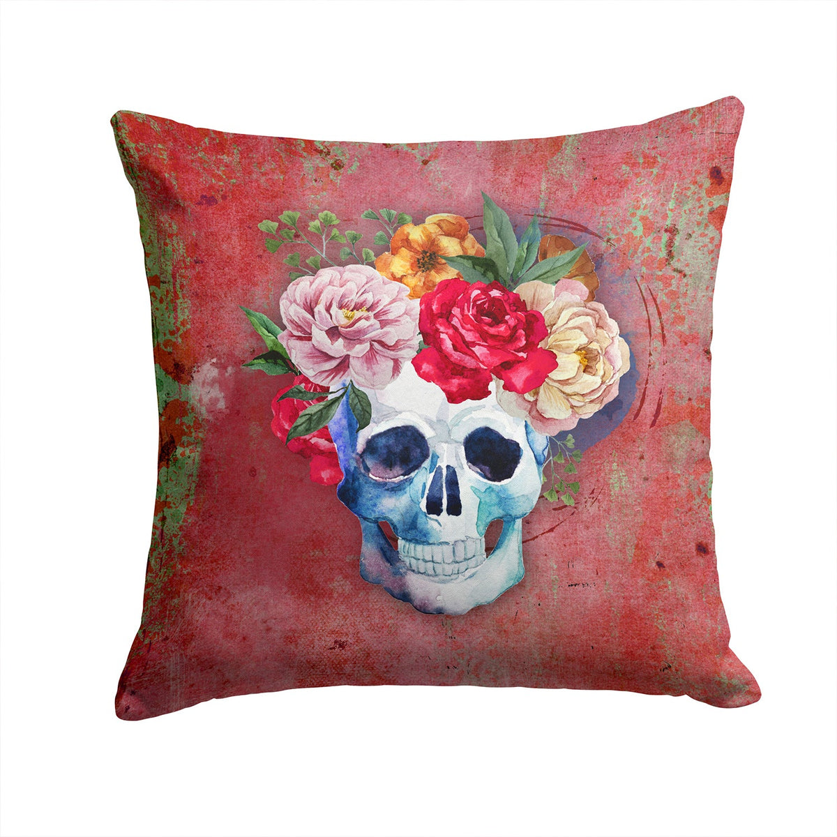 Day of the Dead Red Flowers Skull  Decorative Throw Pillow 14x14 Indoor Outdoor Accent Cushion, Fabric Cover with Insert for Sofa, Bed, Porch & Living Room
