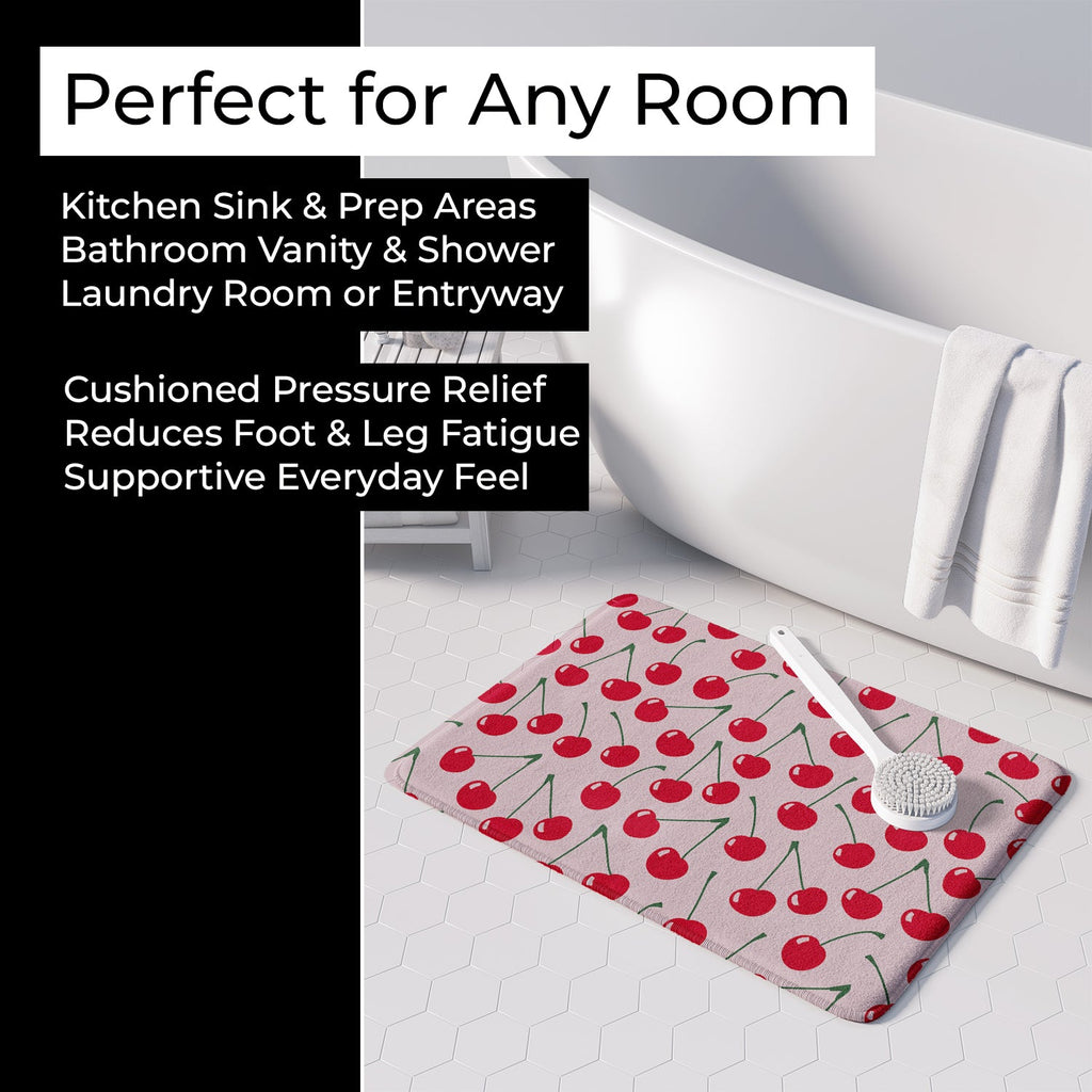 Cherries on Pink Memory Foam Kitchen Mat Machine Washable Anti-Fatigue Cushion Comfort Bath or Kitchen Rug
