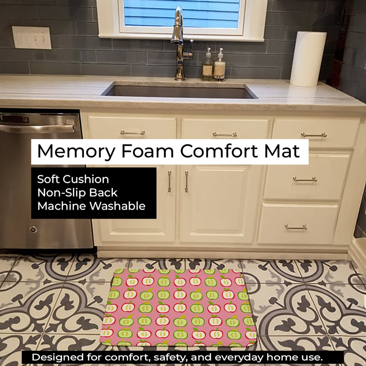Apples on Pink Memory Foam Kitchen Mat Machine Washable Anti-Fatigue Cushion Comfort Bath or Kitchen Rug