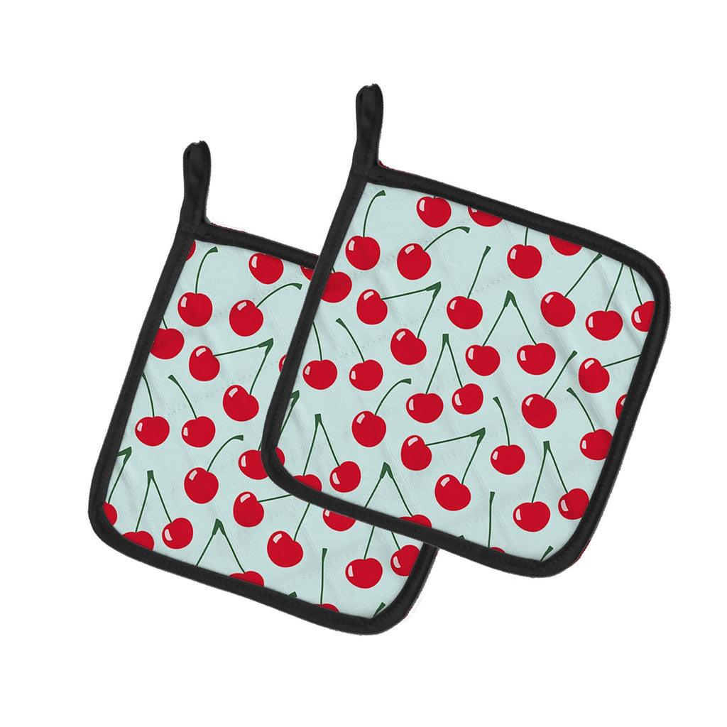 Cherries on Blue Pot Holder Set of 2 Heat Resistant Quilted Hot Pads 7.5 x 7.5 Inch, Insulated Kitchen Trivets for Cooking & Baking