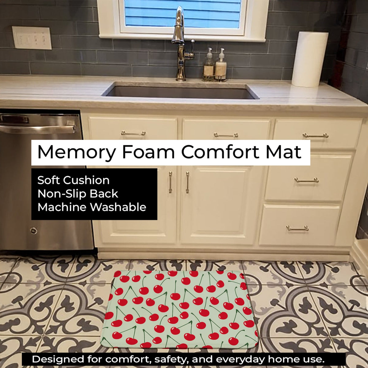 Cherries on Blue Memory Foam Kitchen Mat Machine Washable Anti-Fatigue Cushion Comfort Bath or Kitchen Rug