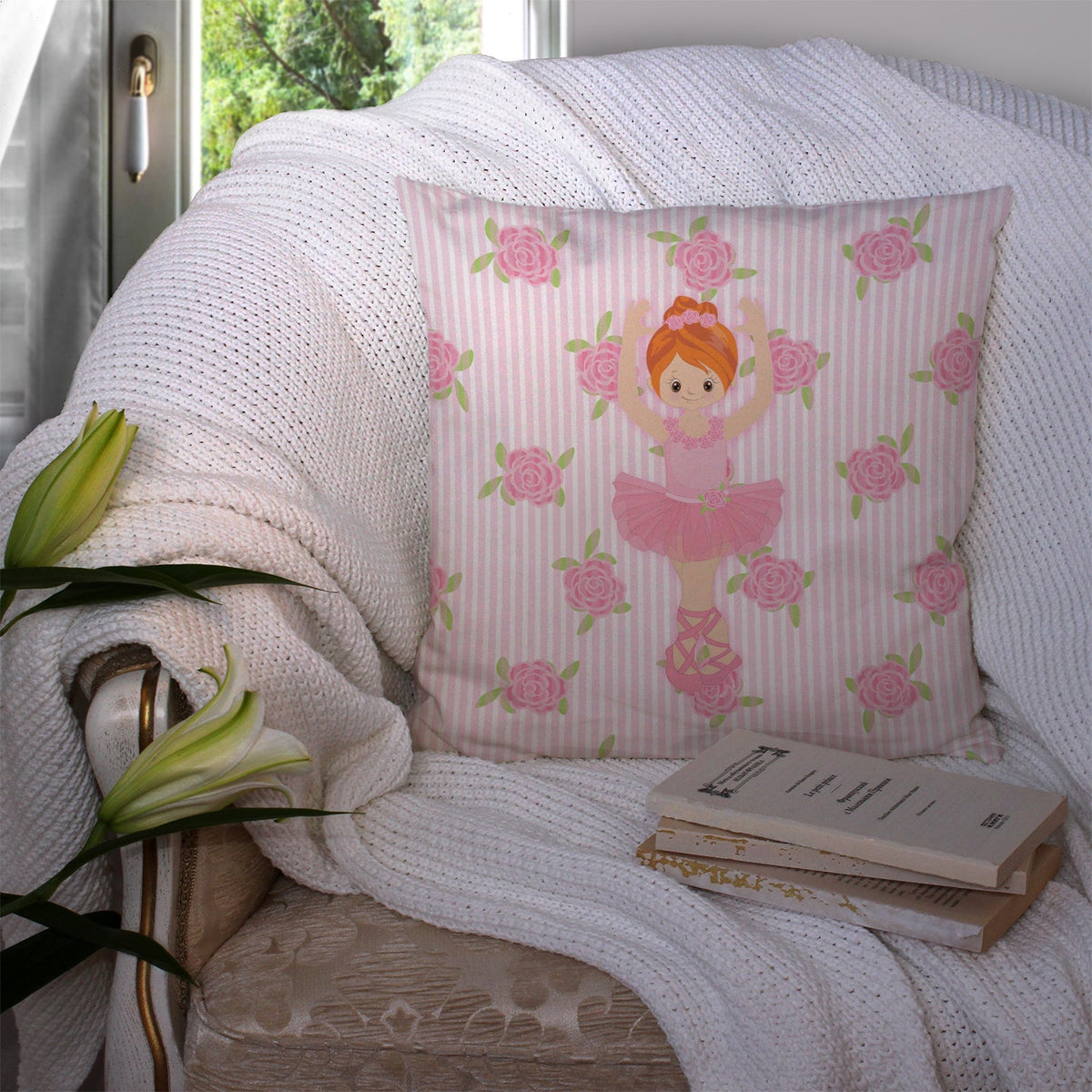 Ballerina Red Front Pose Decorative Throw Pillow 14x14 Indoor Outdoor Accent Cushion, Fabric Cover with Insert for Sofa, Bed, Porch & Living Room