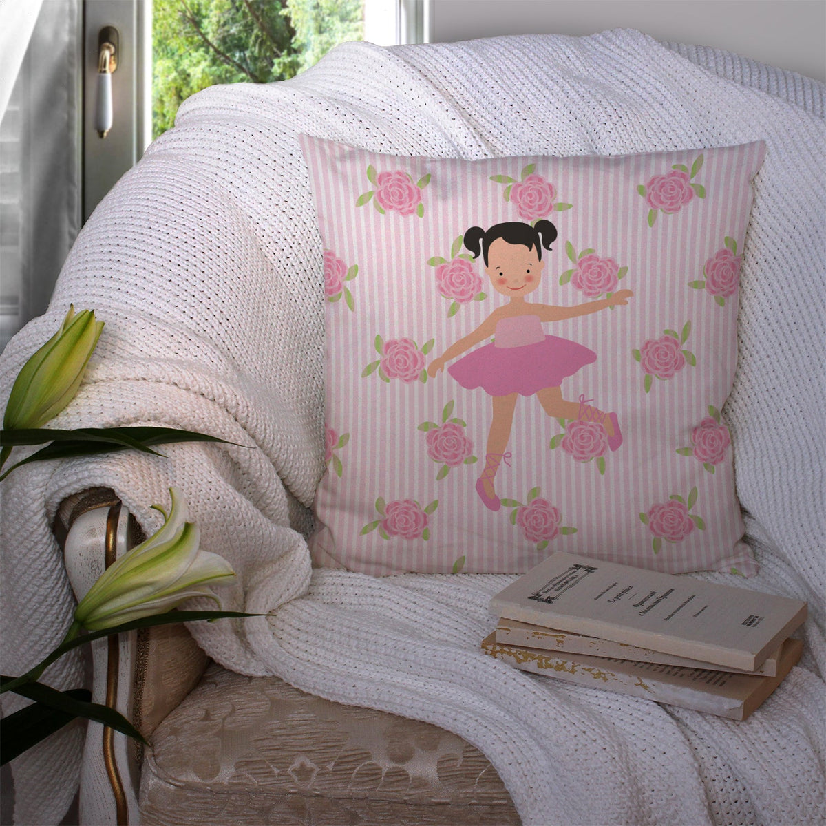Ballerina Black Hair Ponytails Decorative Throw Pillow 14x14 Indoor Outdoor Accent Cushion, Fabric Cover with Insert for Sofa, Bed, Porch & Living Room