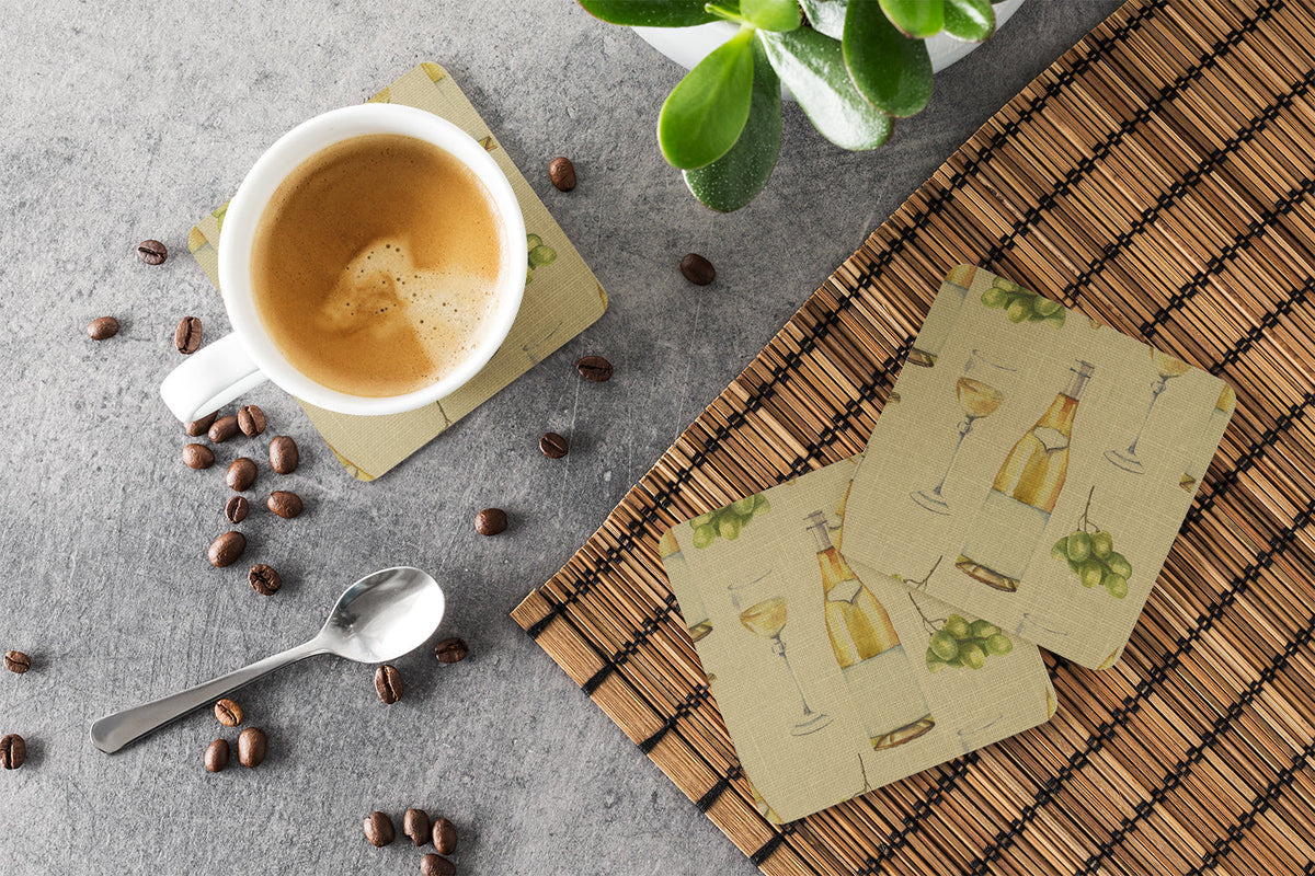 White Wine on Linen Foam Coasters Set of 4 Cup Coasters for Indoor Outdoor, Tabletop Protection, Anti Slip, Mouse pad Material