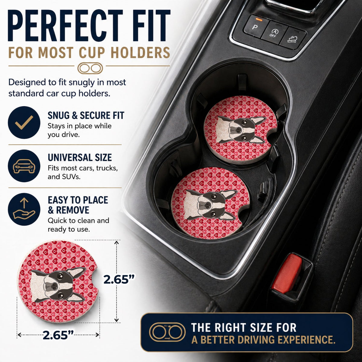 Boston Terrier Set of 2 Cup Holder Car Coasters Absorbent Round Sandstone Coasters Gifts for Men or Women, 2.5, Multicolor