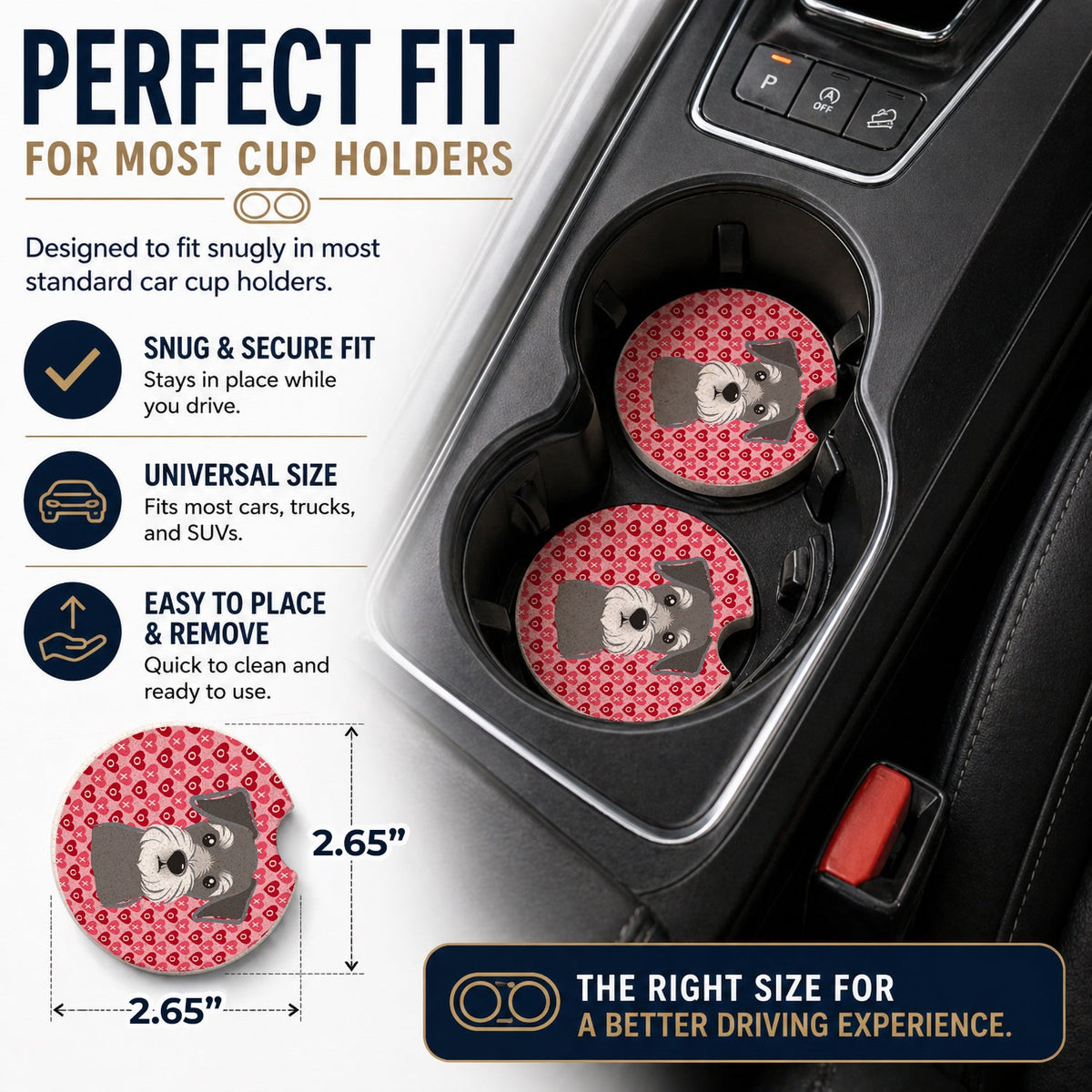Schnauzer Set of 2 Cup Holder Car Coasters Absorbent Round Sandstone Coasters Gifts for Men or Women, 2.5, Multicolor