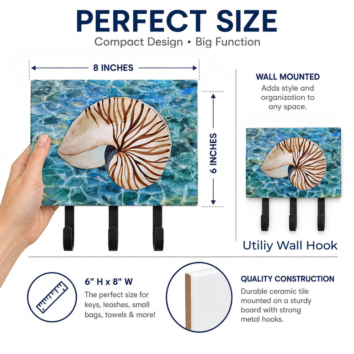 Sea Shell and Water Leash or Key Holder Wall Hooks, Coat Rack Wall Mount, for Hanging Keys, Towels, Aprons, Leashes