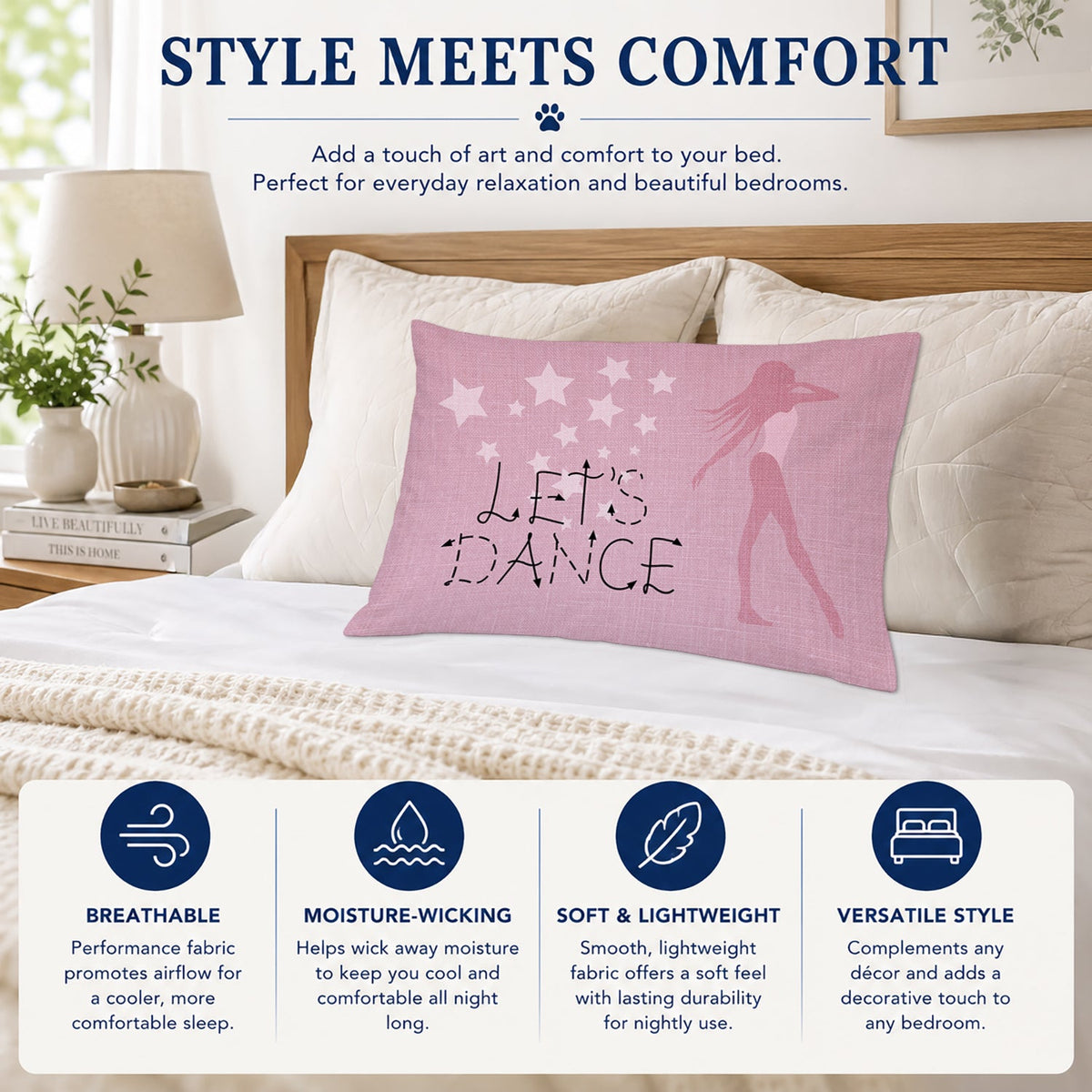 Let's Dance Linen Pink Standard Pillowcase Lightweight Super Soft Easy Care Decorative Artwork Pillowcase, Standard