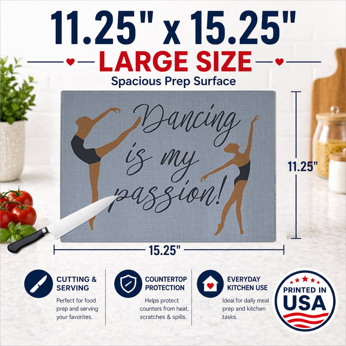 Dancing is My Passion Cutting Board Tempered Glass Kitchen Cutting Surface, Heat Resistant Chopping, Non-Slip Feet, Food Prep & Serving