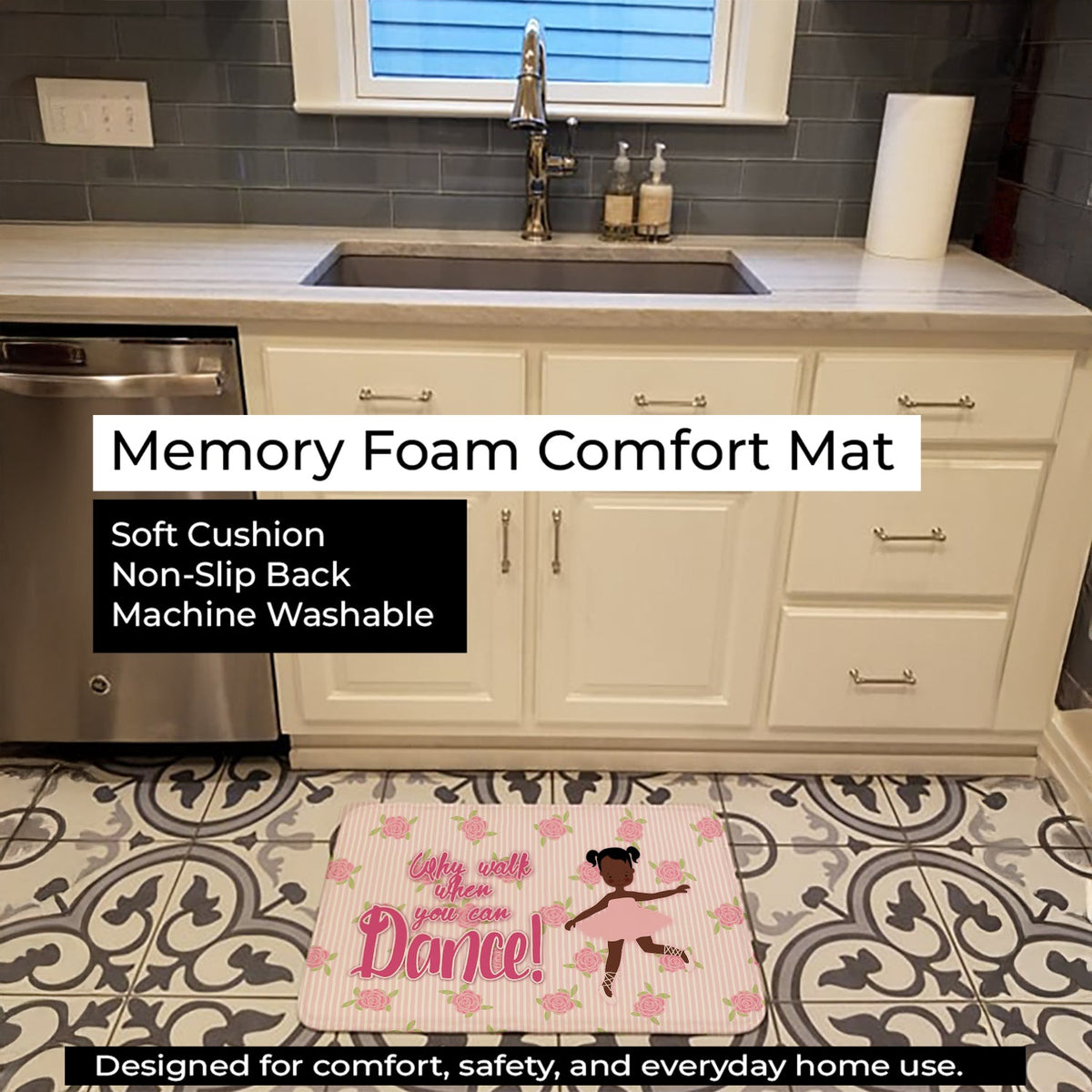 Ballet African American Pigtails Memory Foam Kitchen Mat Machine Washable Anti-Fatigue Cushion Comfort Bath or Kitchen Rug