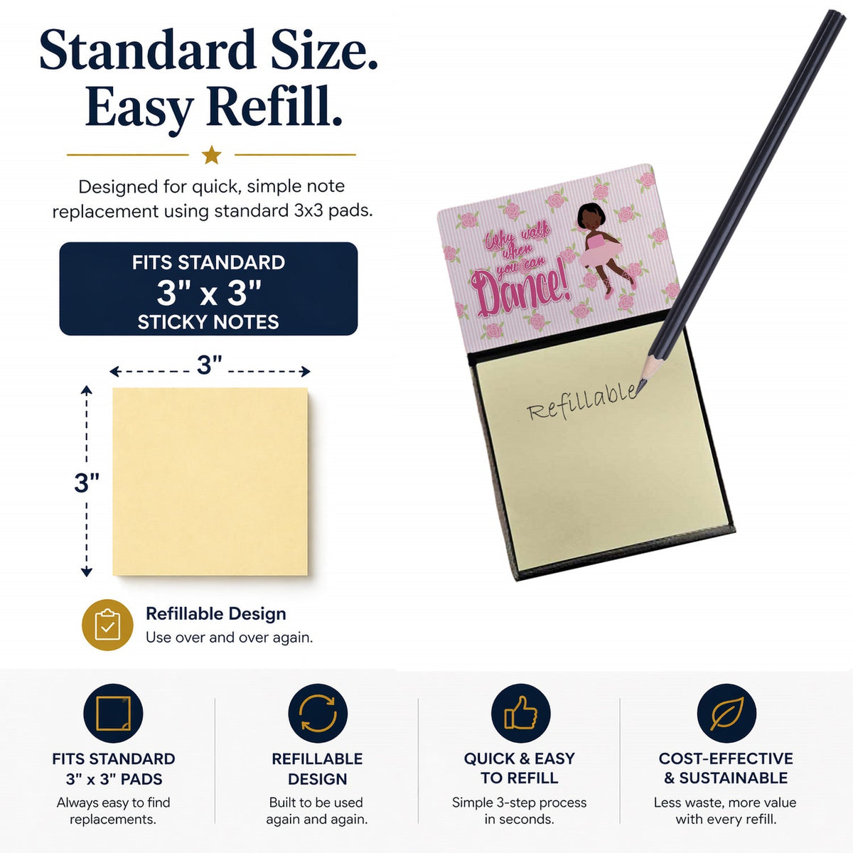 Ballet African American Short Hair Watercolor Sticky Note Holder Refillable Dispenser Desk Accessory 3x3 Pad Gift