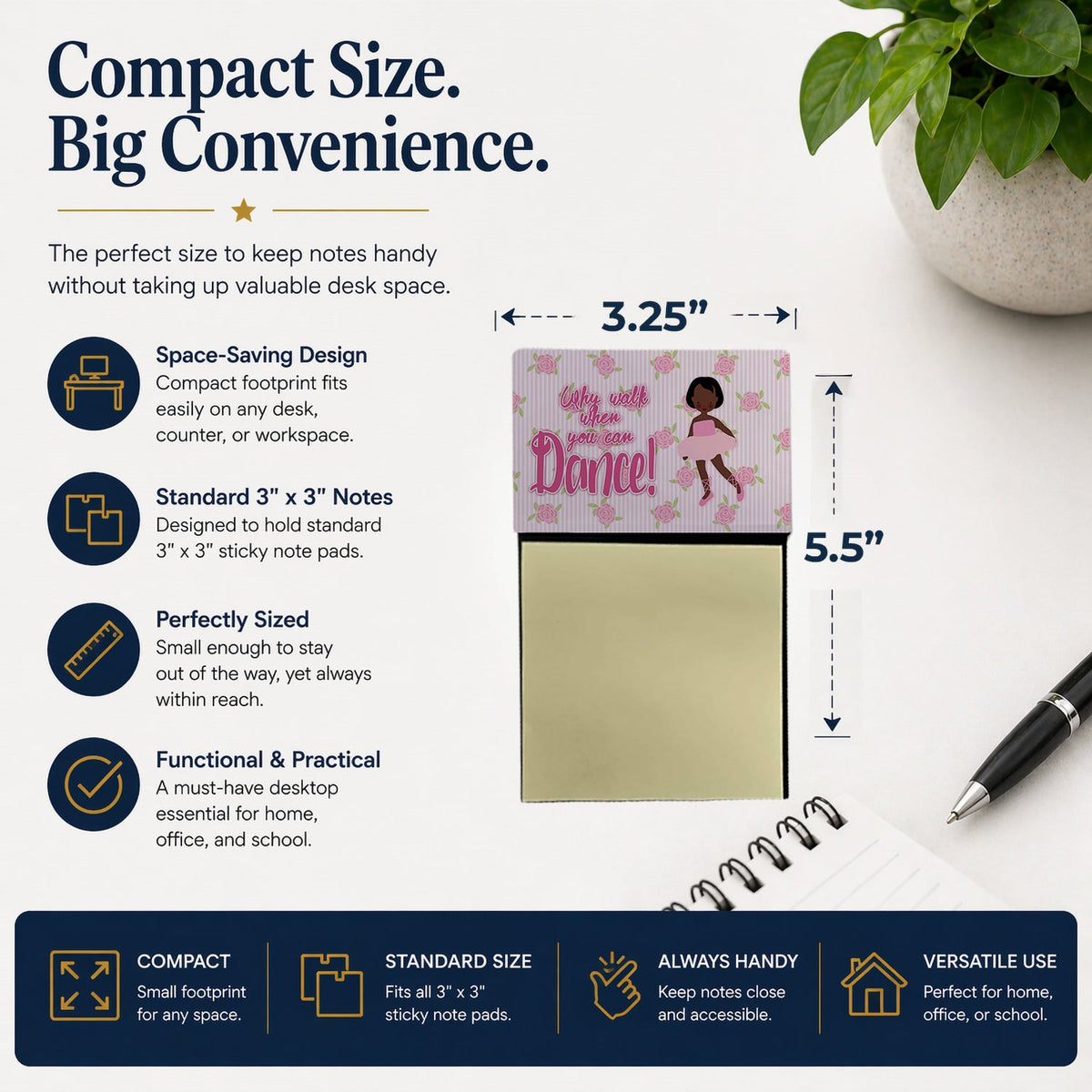 Ballet African American Short Hair Watercolor Sticky Note Holder Refillable Dispenser Desk Accessory 3x3 Pad Gift
