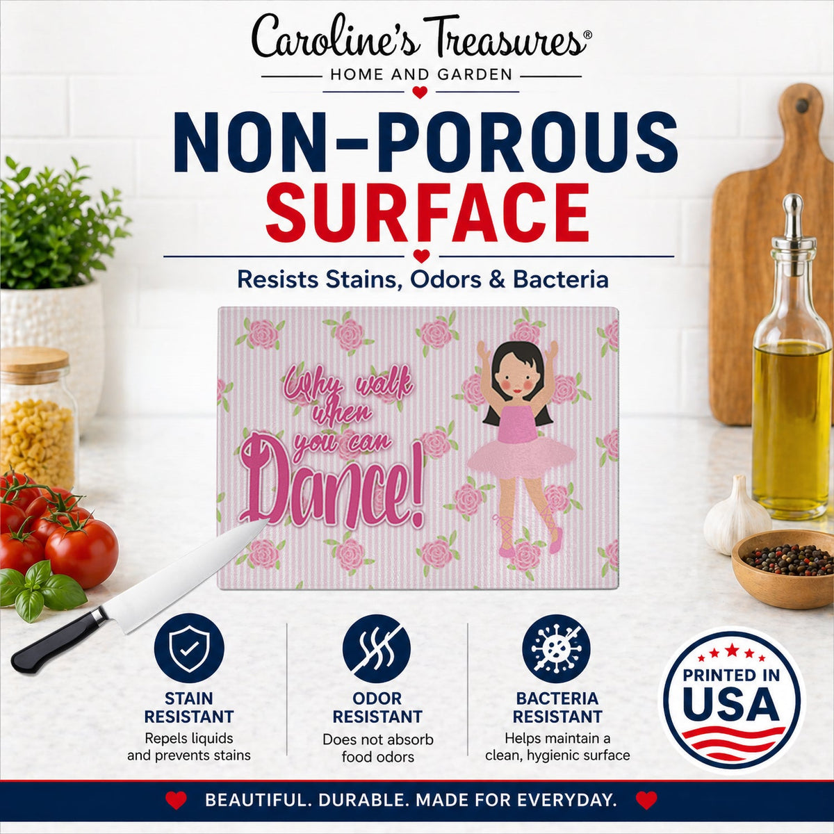 Ballet Long Dark Hair Cutting Board Tempered Glass Kitchen Cutting Surface, Heat Resistant Chopping, Non-Slip Feet, Food Prep & Serving
