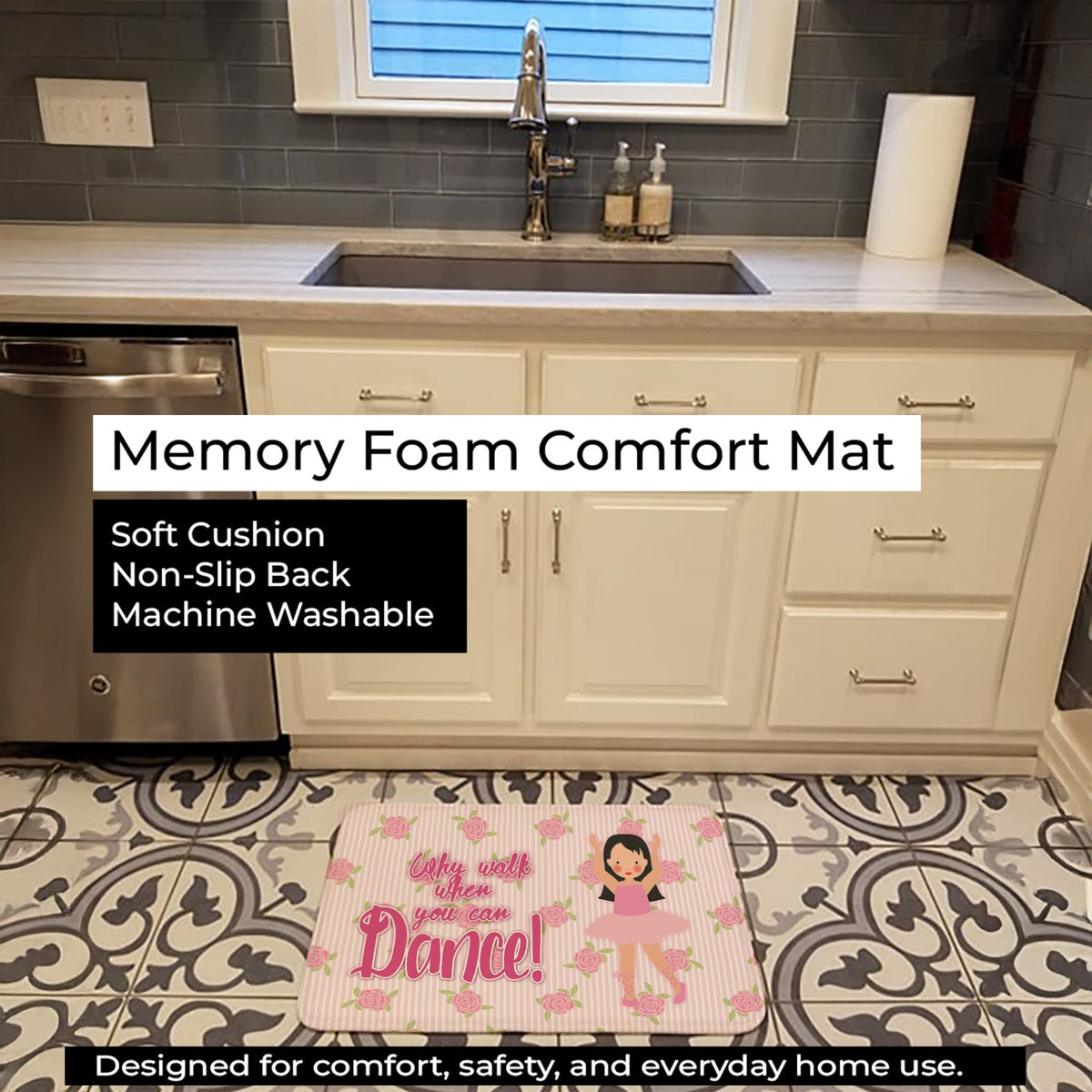Ballet Long Dark Hair Memory Foam Kitchen Mat Machine Washable Anti-Fatigue Cushion Comfort Bath or Kitchen Rug