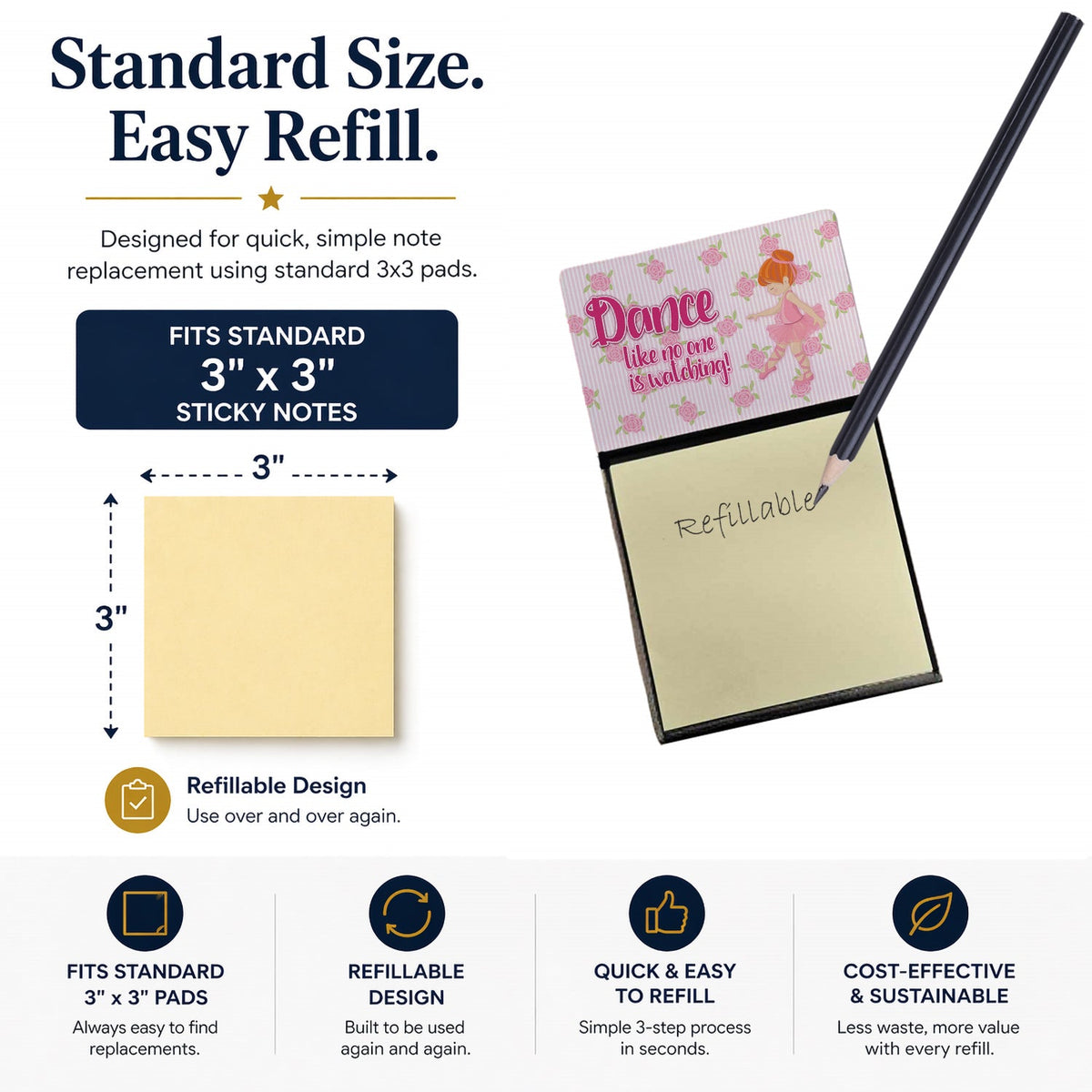Ballet Dance Red Hair Watercolor Sticky Note Holder Refillable Dispenser Desk Accessory 3x3 Pad Gift